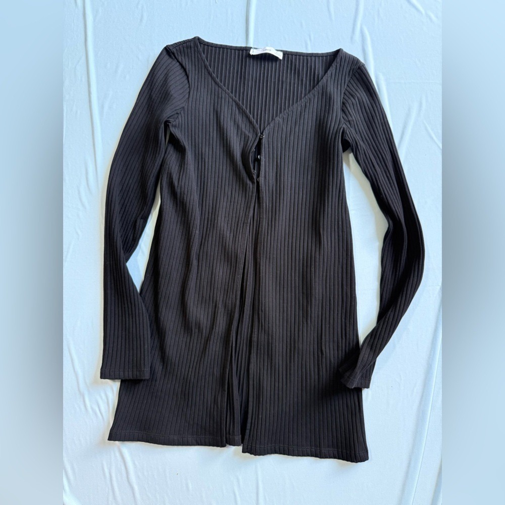 Mango Black Ribbed Long Sleeve Button Front Top Size S‎